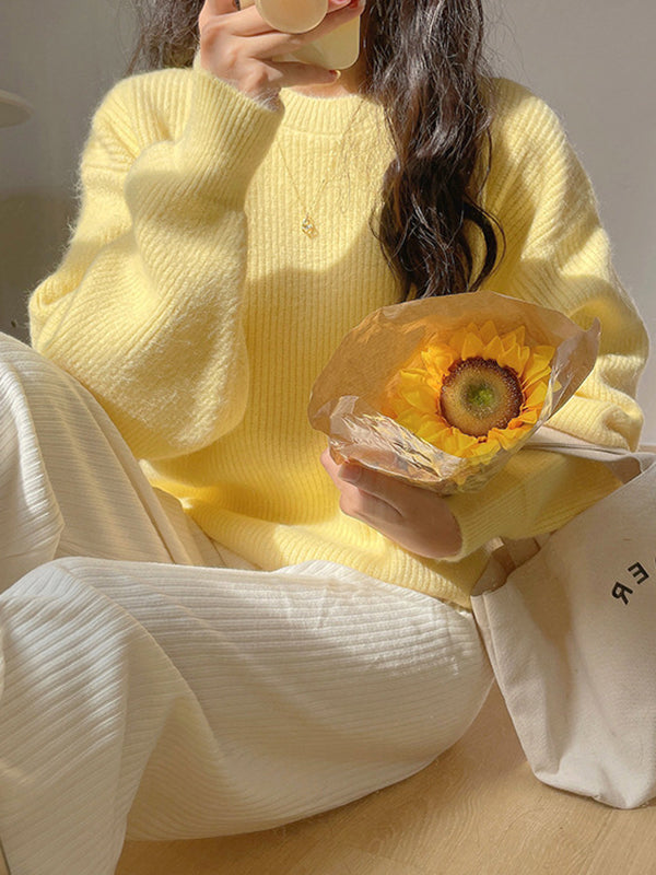 Solid Color Long Sleeves Loose Round-Neck Sweater Tops Pullovers