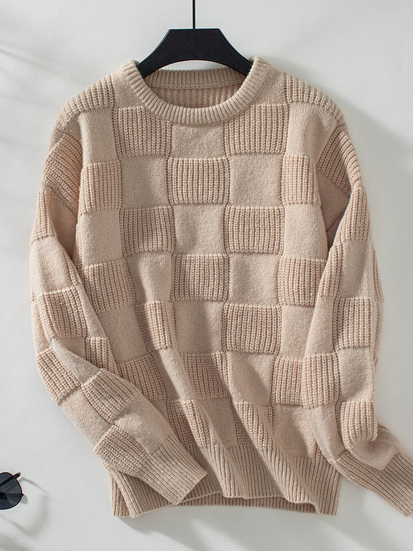 Solid Color Split-Joint Long Sleeves Loose Round-Neck Sweater Tops Pullovers
