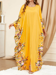 Muslim Printed Split-Front Batwing Sleeves Loose Round-Neck Maxi Dresses