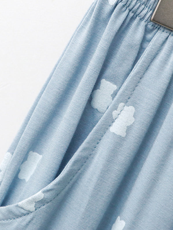 Simple Loose Cartoon Printed Pajamas Two Pieces Set