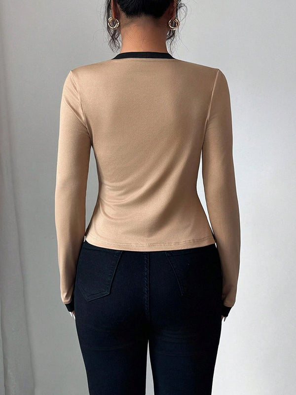 Solid Color Split-Joint Long Sleeves Collarless Two Pieces Set