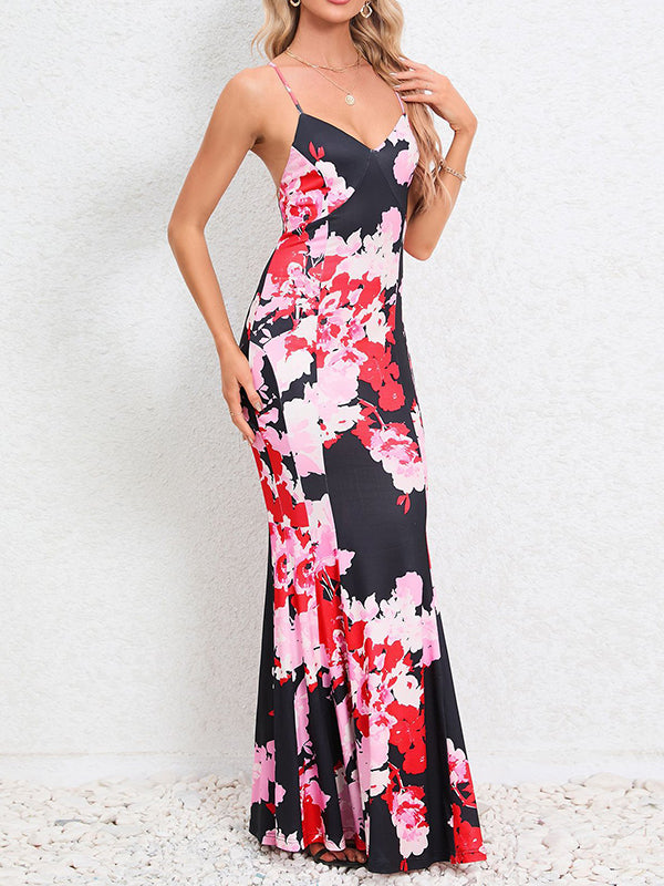 Flower Print Split-Joint Bodycon Mermaid Spaghetti-Neck Maxi Dresses