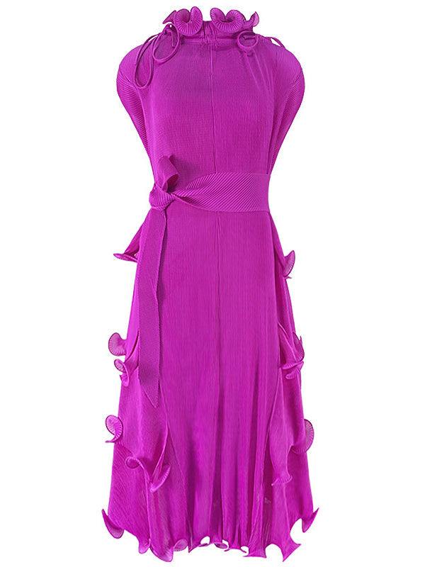 Bandage Lacy Solid Color Loose High-neck Midi Dresses