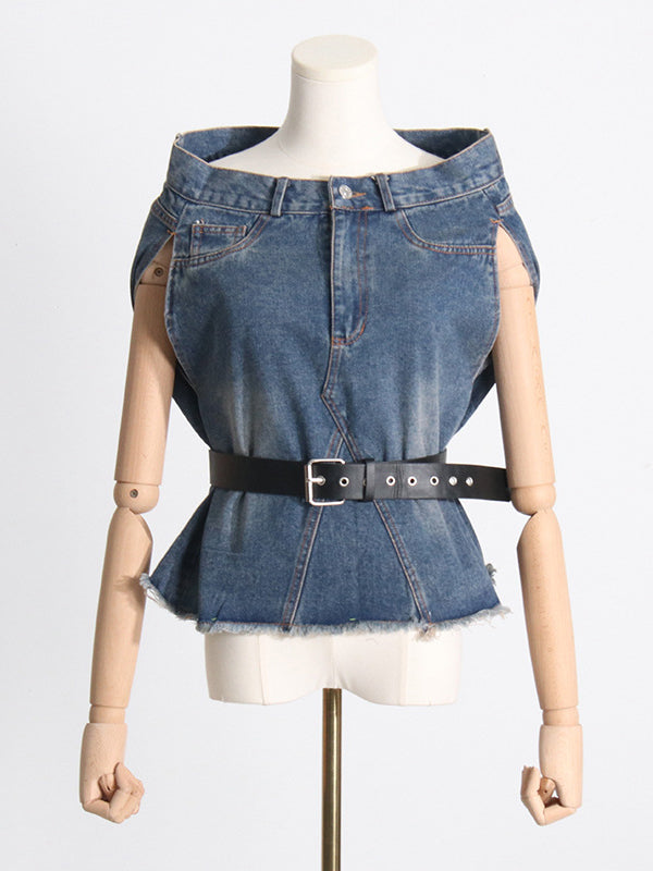Asymmetric Split-joint Fringed Boat Neck Vest Top+ High Waisted Belted Jeans Bottom Two Pieces Set