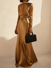 Pleated Shiny Solid Color Split-Joint Tied Waist Long Sleeves Loose High Neck Maxi Dresses Evening Dresses