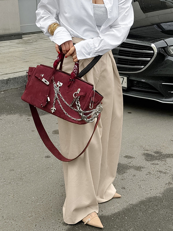 Pleated Solid Color Split-Joint High Waisted Loose Trousers Suit Pants