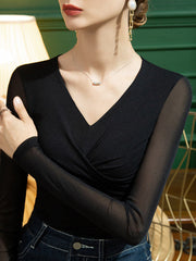 Knot Solid Color Split-Joint Long Sleeves Plus Size V-neck T-Shirts Tops