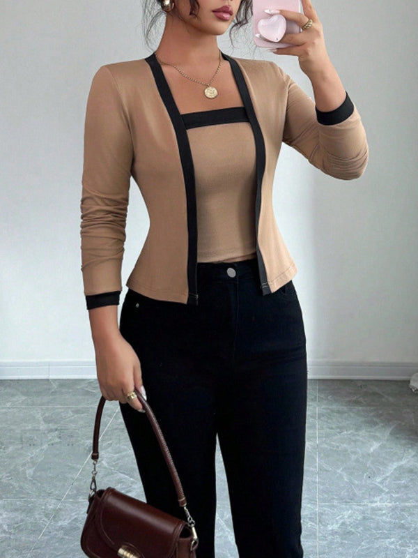 Solid Color Split-Joint Long Sleeves Collarless Two Pieces Set