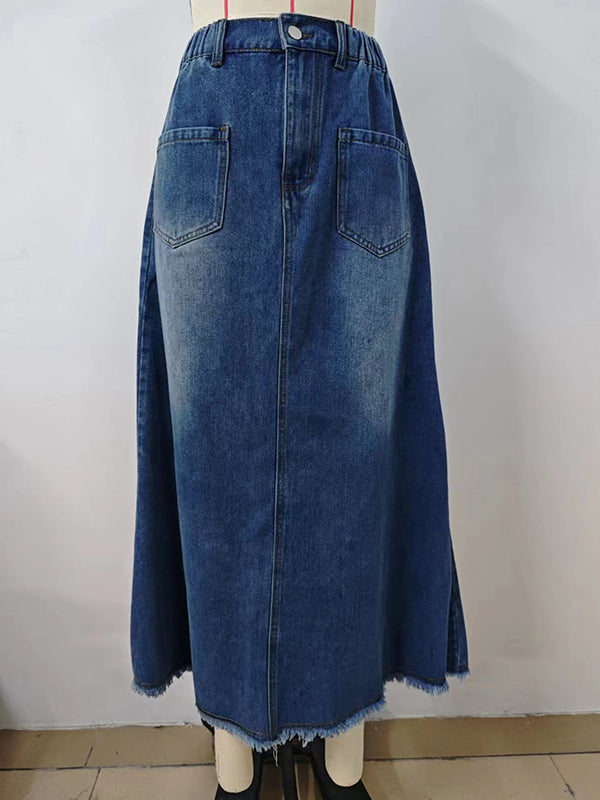 Buttoned Elasticity Fringed Pockets Split-Joint A-Line Loose Skirts Bottoms