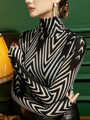 Striped Long Sleeves Skinny High-Neck T-Shirts Tops
