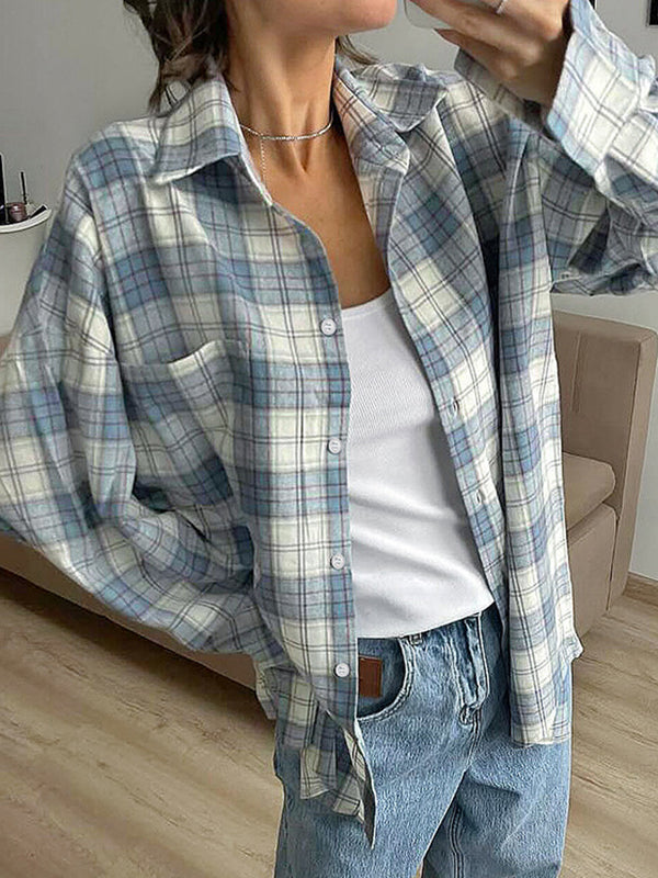 Buttoned Plaid Pockets Long Sleeves Loose Lapel Outerwear Blouses&Shirts Tops