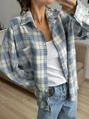 Buttoned Plaid Pockets Long Sleeves Loose Lapel Outerwear Blouses&Shirts Tops