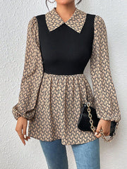 Hollow Pleated Split-Joint A-Line Long Sleeves Lapel Blouses&Shirts Tops