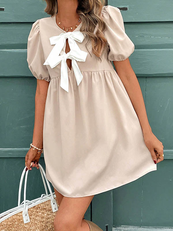 Bowknot Elasticity Pleated A-Line Loose Round-Neck Mini Dresses