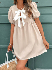 Bowknot Elasticity Pleated A-Line Loose Round-Neck Mini Dresses