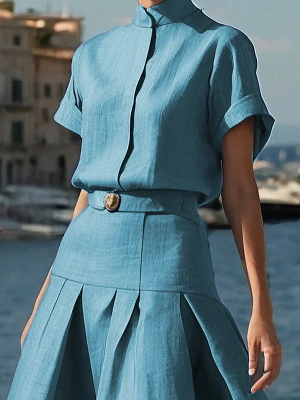 Loose Short Sleeves Solid Color Mock Neck Blouses&Shirts Tops