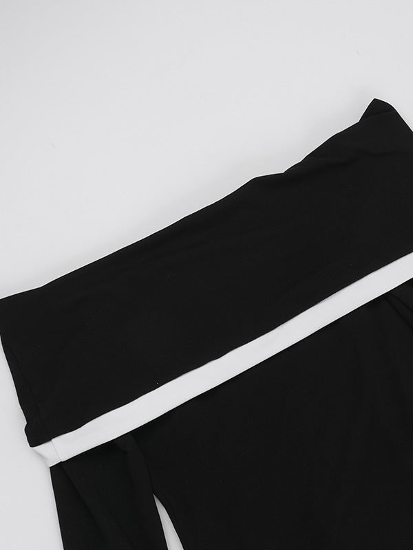 Contrast Color Split-Joint Bodycon Long Sleeves Off-The-Shoulder Maxi Dresses Evening Dresses