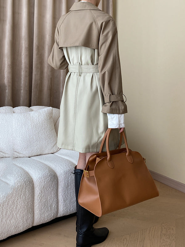 Buttoned Contrast Color Split-Joint Tied Waist Long Sleeves Loose Lapel Trench Coats