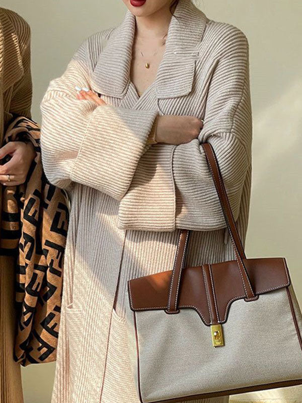 Pockets Solid Color Tied Waist Long Sleeves Loose Notched Collar Cardigan Coats