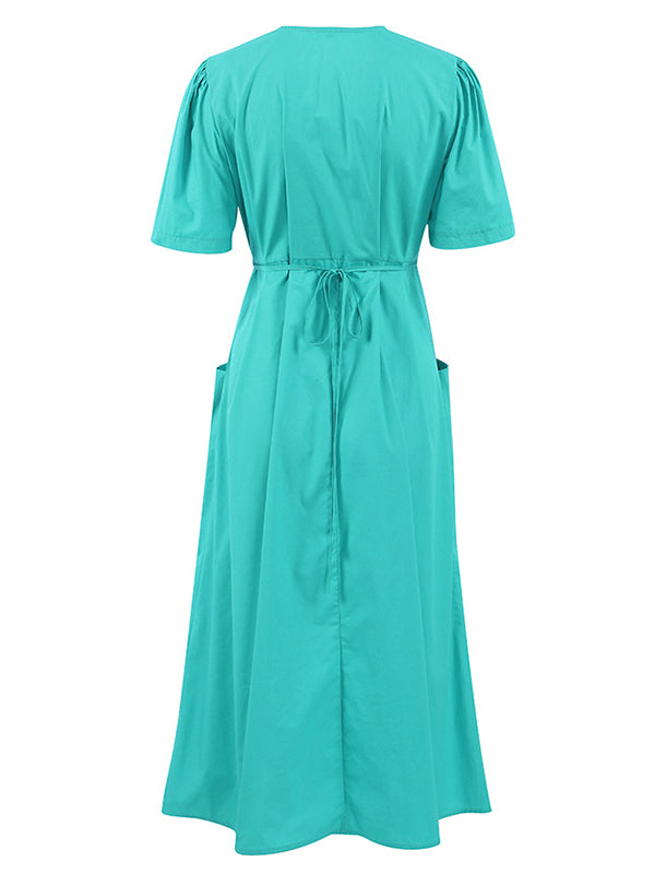 Drawstring Pleated Solid Color Split-Joint Tied Waist Loose Short Sleeves V-Neck Shirt Dress Midi Dresses