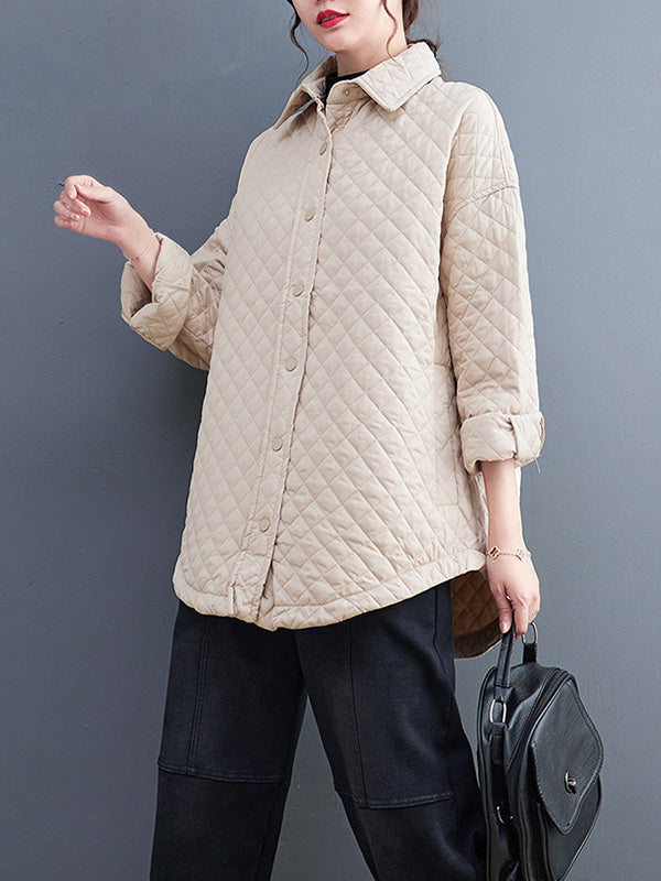 Loose Long Sleeves Buttoned Solid Color Lapel Collar Padded Outerwear
