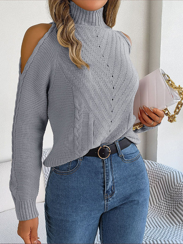 Solid Color Split-Joint Long Sleeves Loose Cold Shoulder Sweater Tops