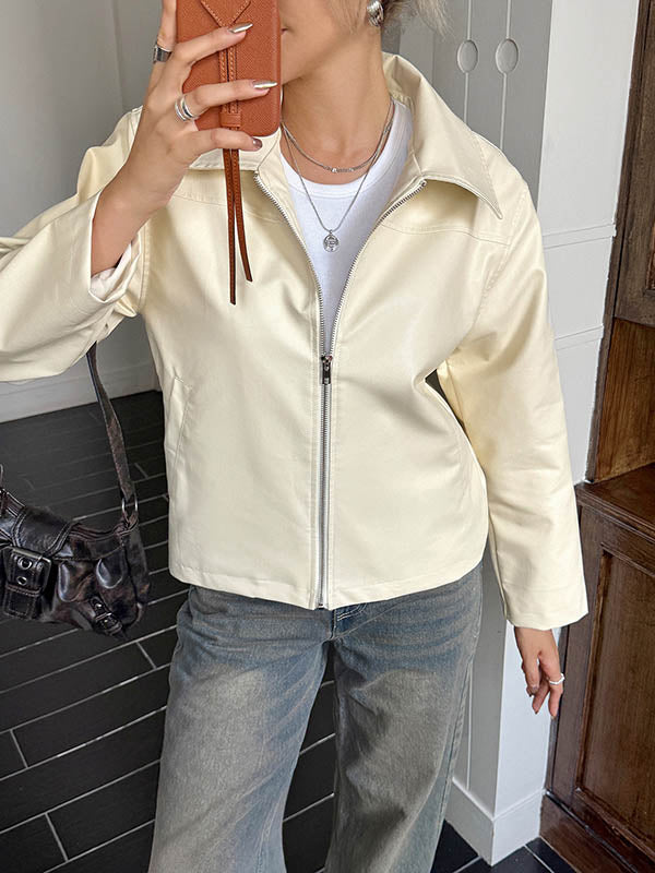 Pockets Solid Color Zipper Long Sleeves Lapel Overcoat Jackets