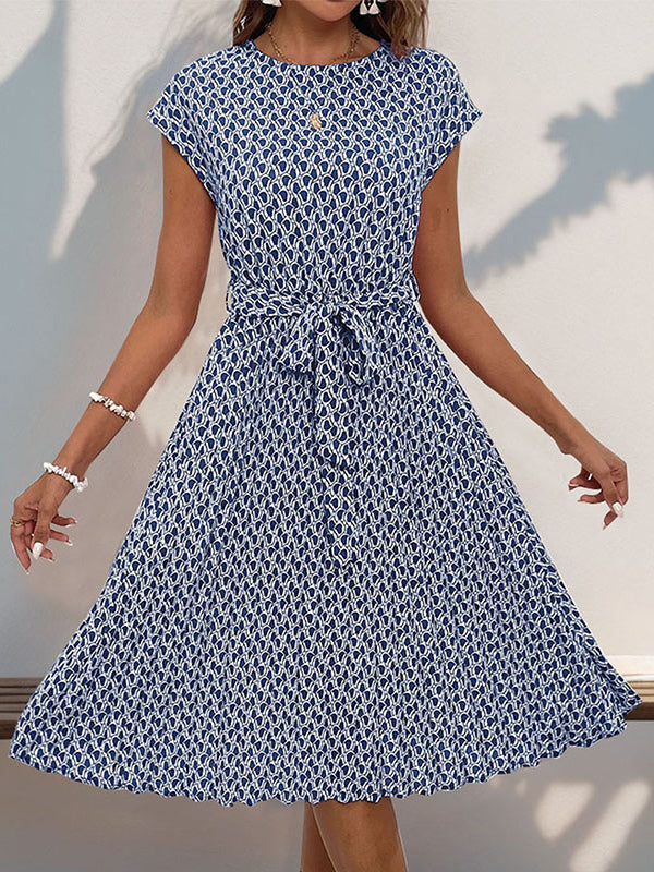 Printed Tied Waist Loose Raglan Sleeve Round-Neck Midi Dresses