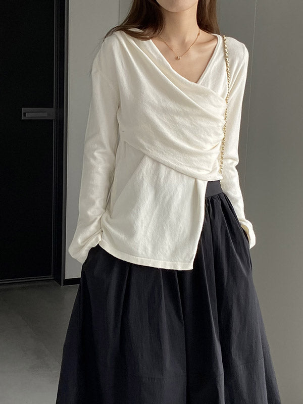 Asymmetric Solid Color Long Sleeves Loose V-Neck T-Shirts Tops
