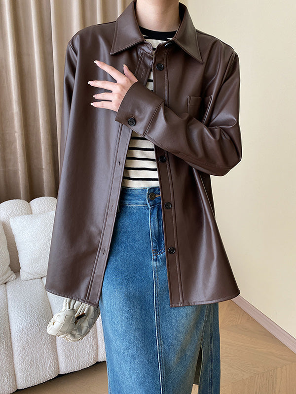 Buttoned Pockets Solid Color Long Sleeves Loose Lapel Outerwear Jackets