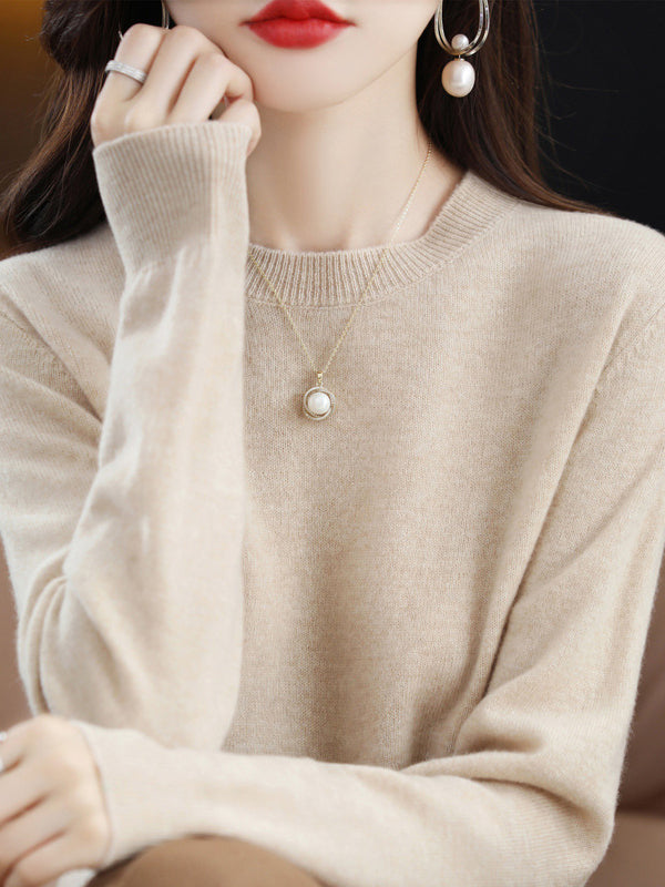 Casual Long Sleeves Loose Solid Color Round-Neck Sweater Tops