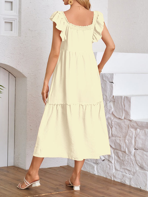 Elasticity Pleated Ruffled Solid Color Split-Joint A-Line Loose Off-The-Shoulder Midi Dresses