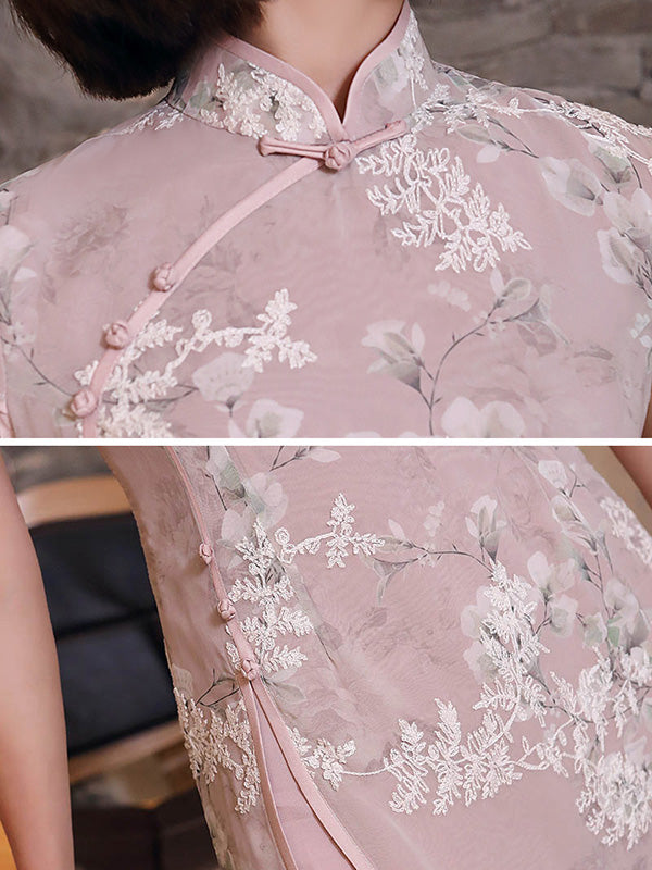 Original Applique Stand Collar Long Cheongsams