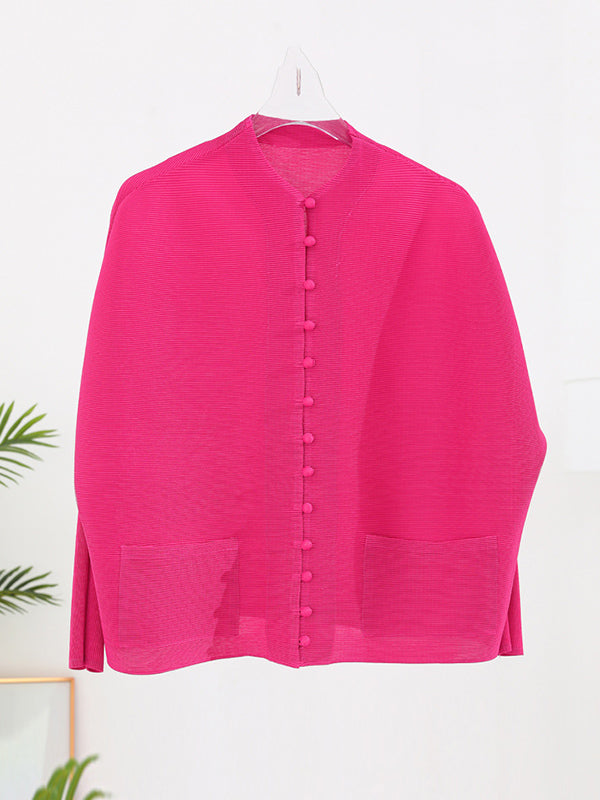 Buttoned Pleated Pockets Solid Color Long Sleeves Loose Round-Neck Outerwear