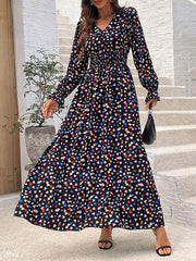 Elasticity Floral Printed Split-Joint Loose Puff Sleeves V-neck Maxi Dresses
