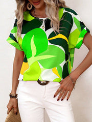 Contrast Color Hollow Printed Split-Joint Loose Short Sleeves Round-neck T-Shirts Tops
