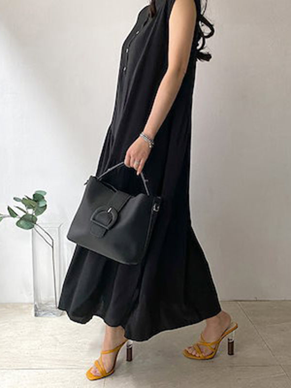 Buttoned Pleated Ruffled Solid Color Split-Joint Tiered A-Line Loose Stand Collar Midi Dresses