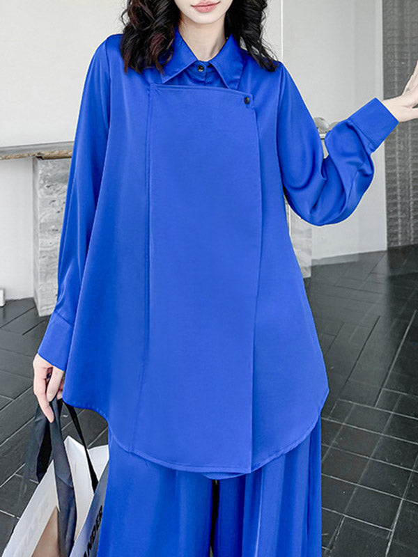 Buttoned Solid Color Long Sleeves Lapel Shirts Top + Elasticity High Waisted Pants Bottom Two Pieces Set