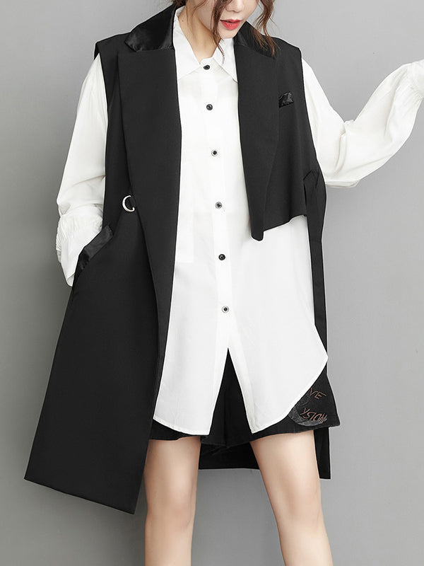Asymmetric Pockets Tied Sleeveless Notched Collar Vest Outerwear
