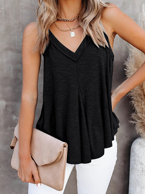 Pleated Solid Color Loose Sleeveless V-Neck Vest Top