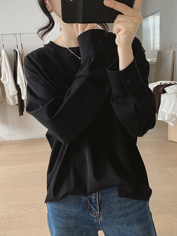 Solid Color Long Sleeves Loose Round-neck T-Shirts Tops