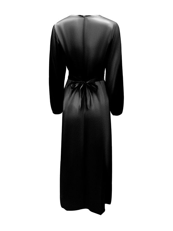 High-Waisted Solid Color Tied Waist Zipper Wrap Round-neck Maxi Dresses