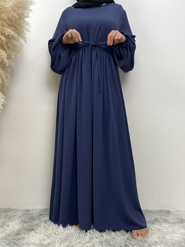 Drawstring Elasticity Muslim Pleated Solid Color Zipper Long Sleeves Loose Round-Neck Maxi Dresses