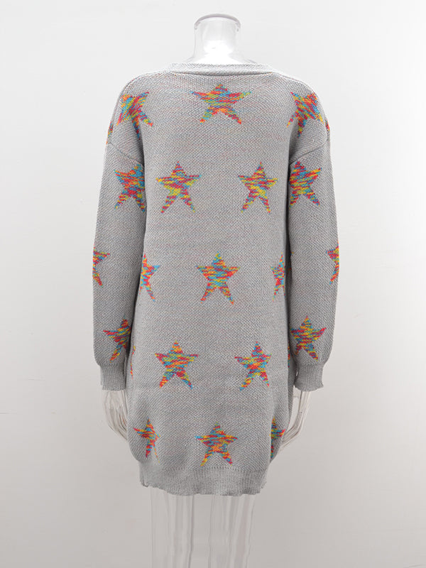 Knitted Pentagram Pockets Long Sleeves Loose V-Neck Cardigan Tops