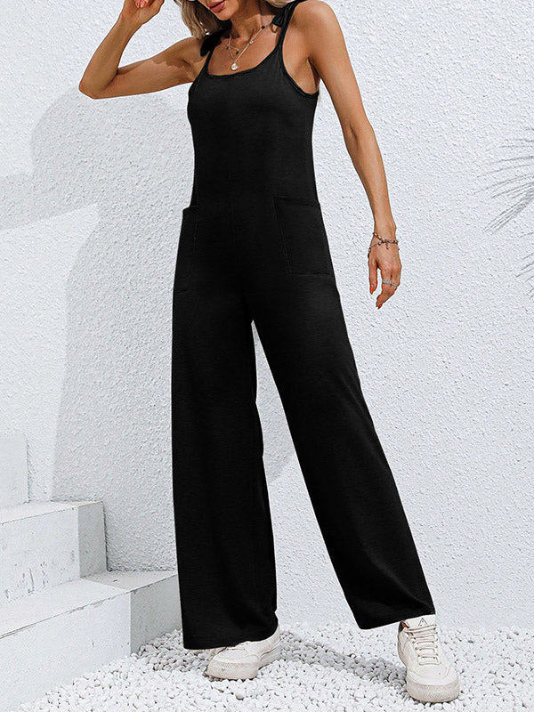 Pockets Solid Color Tied High Waisted Sleeveless Spaghetti-Neck Jumpsuits