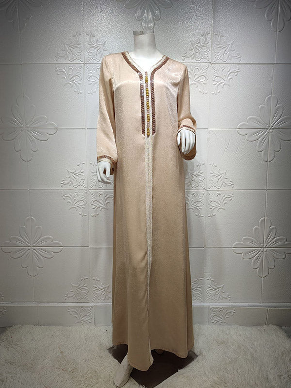 Muslim Rhine Stones Long Sleeves Loose V-Neck Robes Maxi Dresses