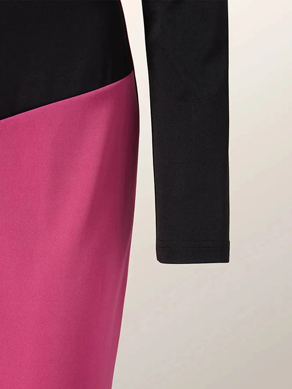 Urban Contrast Color Split-Joint Round-Neck Long Sleeves Midi Dress