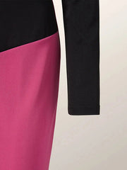 Urban Contrast Color Split-Joint Round-Neck Long Sleeves Midi Dress