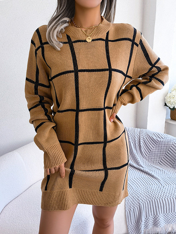 Belted Contrast Color Plaid Elasticated Waist Long Sleeves Round-Neck Sweater Dresses Mini Dresses