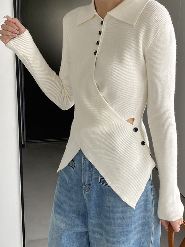 Asymmetric Buttoned Hollow Long Sleeves Skinny Lapel Sweater Pullovers Knitwear